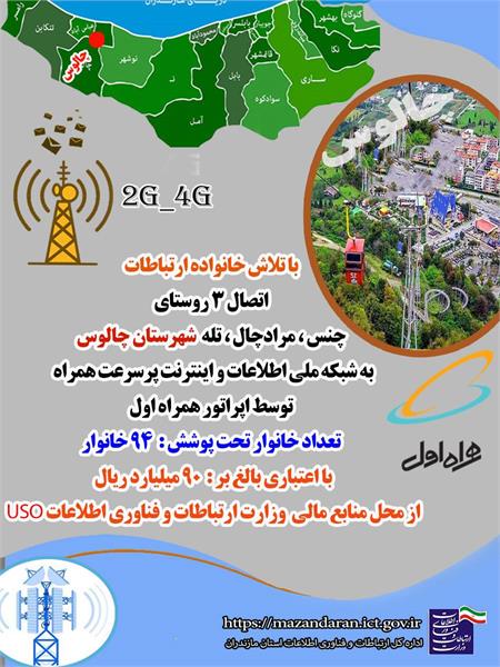 ۹۴ خانوار روستایی شهرستان چالوس از اینترنت پرسرعت همراه بهره مند شدند
