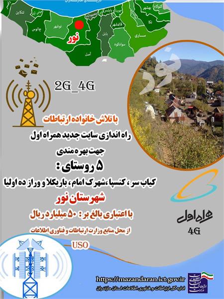 دسترسی ۴۴۵ خانوار روستایی بخش چمستان شهرستان نور به اینترنت پرسرعت همراه / تامین پوشش اینترنت همراه در ۵ روستای بخش چمستان شهرستان نور