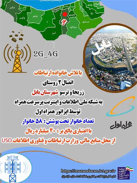 راه اندازی دو سایت همراه اول در روستاهای زریجا و ترسو شهرستان بابل/ بهره مندی ۵۸ خانوار روستایی این شهرستان از اینترنت پرسرعت همراه